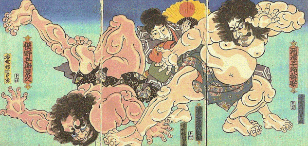  Pin, XIX, Utagawa Hirosige, Gran lucha de sumo en el monte Akazawa, xilografa, Victoria and Albert Museum