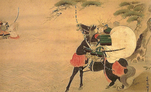 Pin, XIX, Utagawa Hiroshige, Kunidam Kumagai y Atsumori en la batalla de Ichinotani, seda, Brotish Museum, London