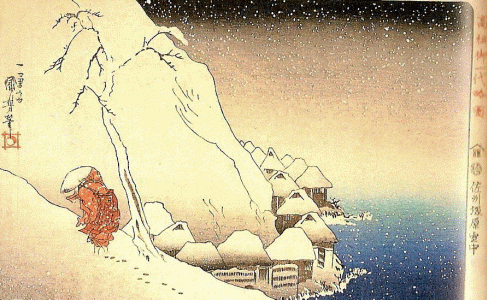 Pin, XIX, Utagawa Hiroshige, En la nieve de Tsukahara en Sado, xilografa, Col. Baur, Ginebra