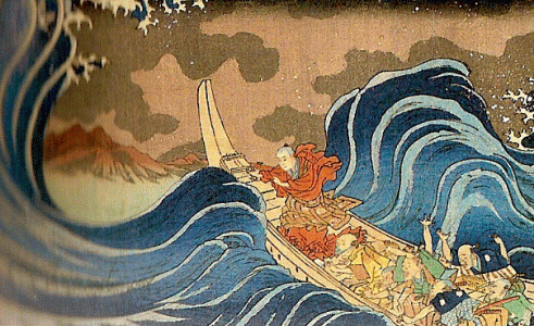 Pin, XIX, Utagawa Hirosige, Sobre las olas de Kakuda camino a Sado, xilografa, Col. Baur, Ginebra 