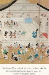 Pin, XVIII, Hishikawa Moronobu, atribuido, Teatro Kabuki, detalle, M. Nacional, Tokio