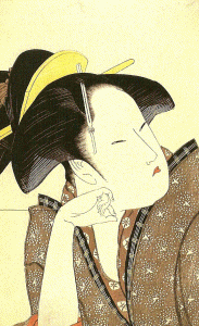 Pin, XVIII, Kitagawa Utamaro, Amor pensativo, xilografa, Col. C. Buckinghan Art Institute