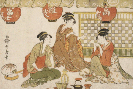 Pin, XVIII, Kitagawa Utamaro, Tres mujeres sentadas con objetos, Brooklyn M. of Art, N. York