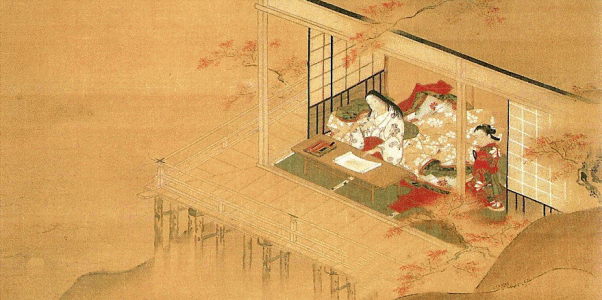 Pin, XVIII Miyagawwa Choshun, Murasaki Shikibi mientras escribe, M. Nacional, Tokio, 1740-1750