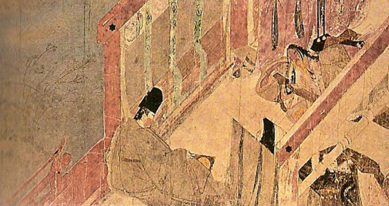 Pin, XVII, Miyagawwa Choshun, Murasaki Shikibu mientras escribe, seda, M. Nacional, Tokio
