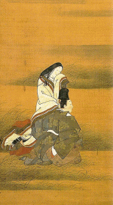 Pin XVIII Nishikawa Sukeobu, Amantes en el llano de Musashi, seda, British Museum, London, 1736