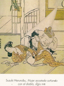 Pin, XVIII, Suzuki Harunobu, mujer acostada soando con el diablo