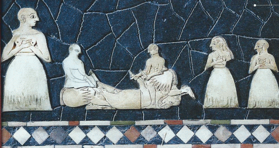 Mosaico, XXVI-XXIV, Sacrificio de un animal, madreperla, marfil y esquisto, sumerios, Mari, 2500-2300 aC.