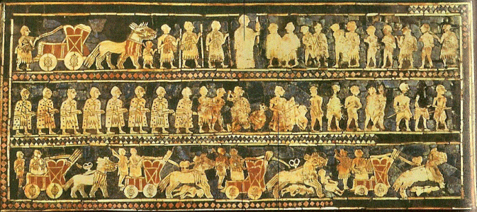 Mosaico, XXIX-XXIV, Estandarte Real de Ur, Cementerio Real, sumerios, British Museum, Londres, 2600 aC.