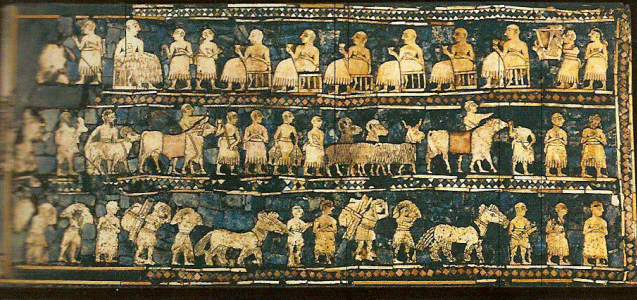 Mosaico, 	XXIX-XXIV, Estandarte Real de Ur, Cementerio Real, sumerios,  British Museum, Londres, 2600 aC.