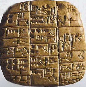Escritura cuneiforme, XXIV aC., Tablilla con signos para el 1 y el 10, 2350 aC.