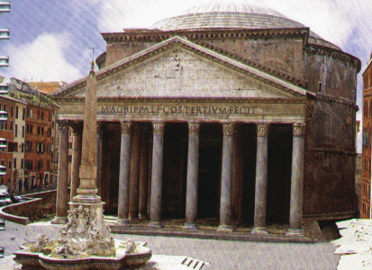 Arq, I aC. Agripa-II dC. Adriano reconstruye, Panten Romano, Exterior, frente y Cpula, Roma, 27 aC.-128 dC.