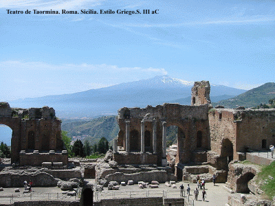Arq, III dC. Actual, Teatro de Taormina, Scaena, influjo griego, Imperio, Sicilia, Roma