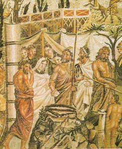 Mosaico, I, Sacrificio de Ifigenia, M. Arqueolgico, Barcelona, Espaa, Imperio, Roma