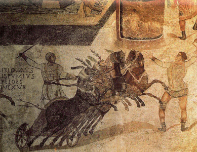 Mosaico, II-IV, Cudriga de Carrera, M. Arqueolgico, Barcelona, Espaa, Imperio, Roma