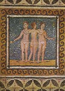 Mosaico, III-IV, Las Tres Gracias, M. Arqueolgico, Barcelona, Espaa, Imperio, Roma