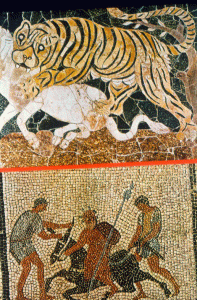 Mosaico, Tigre atacando a un caballo y escena rural; Mosaico Tipos, Opus Sectiles y Opus Ressellatum, Imperio, Roma
