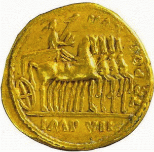 Numismtica, I, Reverso de un Aureo, Tiberio en su Cudriga, Imperio, Roma