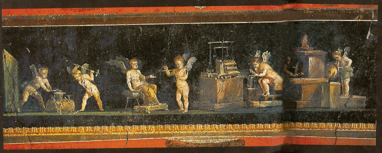 Pin, I dC. 2 mitad, Estilo Ilusionismo Ornamental Escenogrfico, Comedor de comerciante, Mural de amorcillos, Casa Vettii, Pompeya