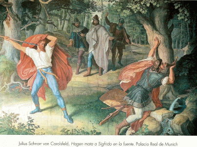 Pin, XIX, Cornelius, Peter von, Hagen mata a Sigfrido en la fuente, Palacio Real, Munich