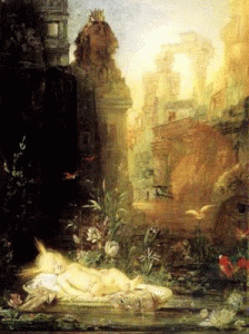 Pin, XIX, Moreau, Gustave, Moiss abandonado en el Nilo, Fogg Art Museum, Harvard University, 1878