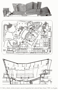 Arq, XX, Gehry, Frank O., Teatro Disney, alzado, planta principal y seccin longitudinal, Los Angeles, USA, 1989