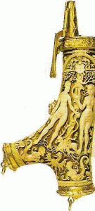 Orfebrera, XVI, Frasco de plvora, cuerno y plata, Alemania