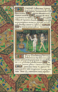 Miniatura, XV, Libro de las Horas de Luis de Orleans, La Serpiente tienta a Eva, Edt. Moleiro, 1490