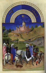 Miniaturas, XV, Ricas Horas del Duque de Berry, Cortesanos, Agosto, M. Cond, Francia, 1410-1416