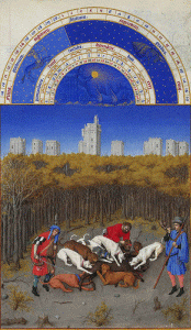 Miniaturas, XV, Limbourg, Hermanos, Ricas Horas del Duque de Berry, Caza del Jabal. Diciembre, M. Cond, 1410-1416