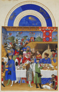 Miniatura, XV, Lumbourg, Hermanos, Enero, Banquete, Muy Ricas Horas del Duque de Berry, M. Cond, 1410-1416