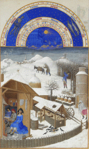 Miniaturas, XV, Limbourg, Hermanos, Muy Ricas Horas del Duque de Berry, Febrero, M. Cond, Francia, 1410-1416