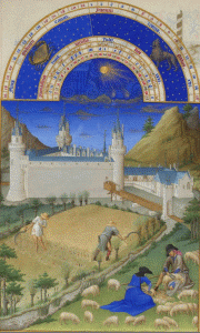 Miniatura, XV, Limbourg, Hermanos, Las Muy Ricas Horas del Duque de Berry, Esquileo, Julio, M. Cond, Francia, 1410-1416