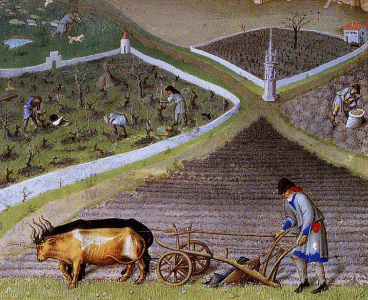 Miniatras, XV, Limbourg, Hermanos, Ricas Horas del Duque de Berry, Campesinos trabajando en una finca feudal, M. Cond, Francia, 1410-1416