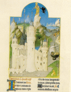Miniaturas, XV, Limbourg, Hermanos, Tentacin de Cristo y castillo de Mehun sur Yevre, M. Cond, 1410-1416 