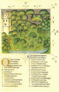 Miniatura, XIV, Guillaume de Machaut, Maestro de la Historia del Len, Jardn Encantado, BBl. Nacional, Pars 