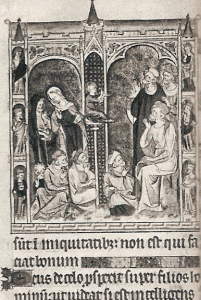 Miniatura, XIV, Salterio de la reina Mary. Jesus enseandoen el templo, primera mitad del siglo