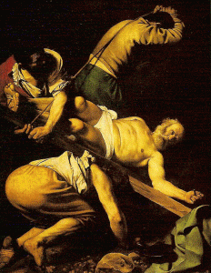 Pin, XVII, Caravaggio, Michelangelo Merisi, Crucifixin de San Pedro,, Iglesia de Santamara dei Popolo, Roma, 1601