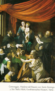 Pin, XVII, Caravaggio, Michelangelo Merisi, Madonna del Rosario, Kunsthistorisches Museum, Viena, Austria, 1607