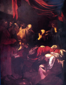 Pin, XVII, Caravaggio, Michelangelo Merisi, Muerte de la Virgen, M. Louvre, Pars, 1605