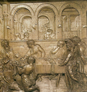 Esc, XV, Donatello, Donato di Nicolo, Banquete de Herodes, detalle, Pila bautismal, Baptisterio, Siena, 1427