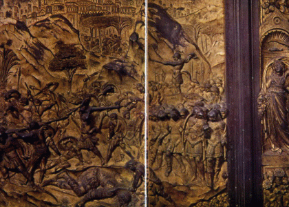 Esc, VV, Ghiberti, Lorenzo, Puertas del Paraiso, detalle, David y Goliat, Baptisterio, Florencia, 1425-1452