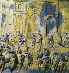 Esc, XV, Ghiberti, Lorenzo, Salomn y la Reina de Saba, Puertas del Paraiso, detalle, Baptisterio, Florencia, 1425-1452