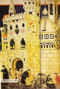 Miniaturas, XIV, Mercaderes ante el Palacio de la Podesta, Florencia