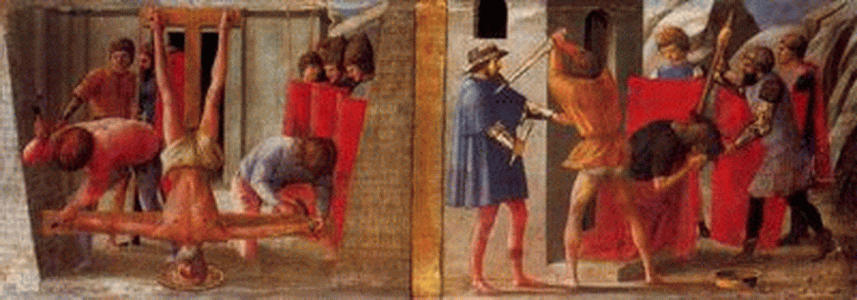 Pin, XV, Masaccio, Tommaso, Crrucifixin de San Pedro y Decapitacin de San Juan Bautista, Altar de Pisa, Pedrella, Gemaldegalerie, Berln, 1426