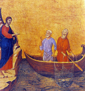Pin, XIV, Duccio di Bounisegna, Vocacin de los Apstoles Pedro y Andrs, Galera Nacional de Arte, Wasingthon, 1308-1311