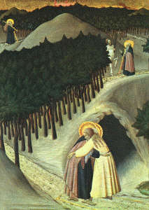 Pin, XIV, Giovanni di Consolo, Stefano el Sasseta, Reunin de San Antonio y San Pablo en el Camino de Tebaida, N. Gallery of Art, Wasingthon, USA, 1440