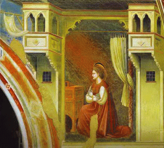 Pin, XIV, Giotto di Bondone, Misin del Arcangel Gabriel, detalle, Capella Scrovegni, Padua, 1302-1305