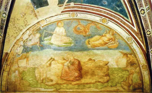 Pin, XIV, Giortto di Bondone, Visin de San Juan Evangelista en Patmos, Capilla de la Santa Cruz, Florencia, 1320