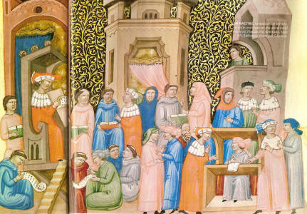 Miniaturas, XIV, Maestro impartiendo clase en la Universidad, Manuscrito, Biblioteca Municipal, Cambrai, Francia